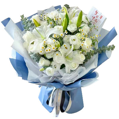 贵港11朵白玫瑰桔梗百合，爱永恒不息