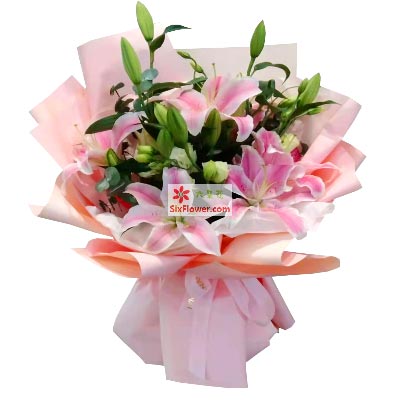 贵港6支粉色多头百合，祝你人生得意
